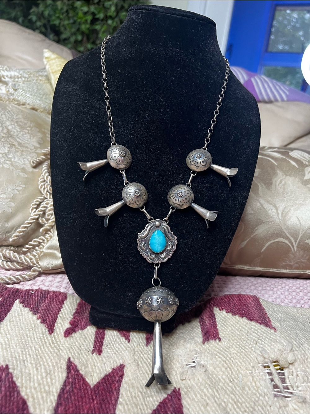 T Yazzie Navajo Kingman Turquoise Sterling Squash Blossom Necklace